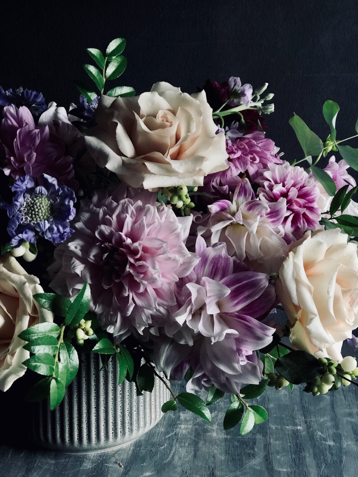 Celestial Floral Arrangement. Celestial shades of blue and purple. Moon-like tones of white and silver.