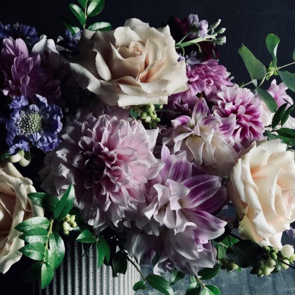 Celestial Floral Arrangement. Celestial shades of blue and purple. Moon-like tones of white and silver.