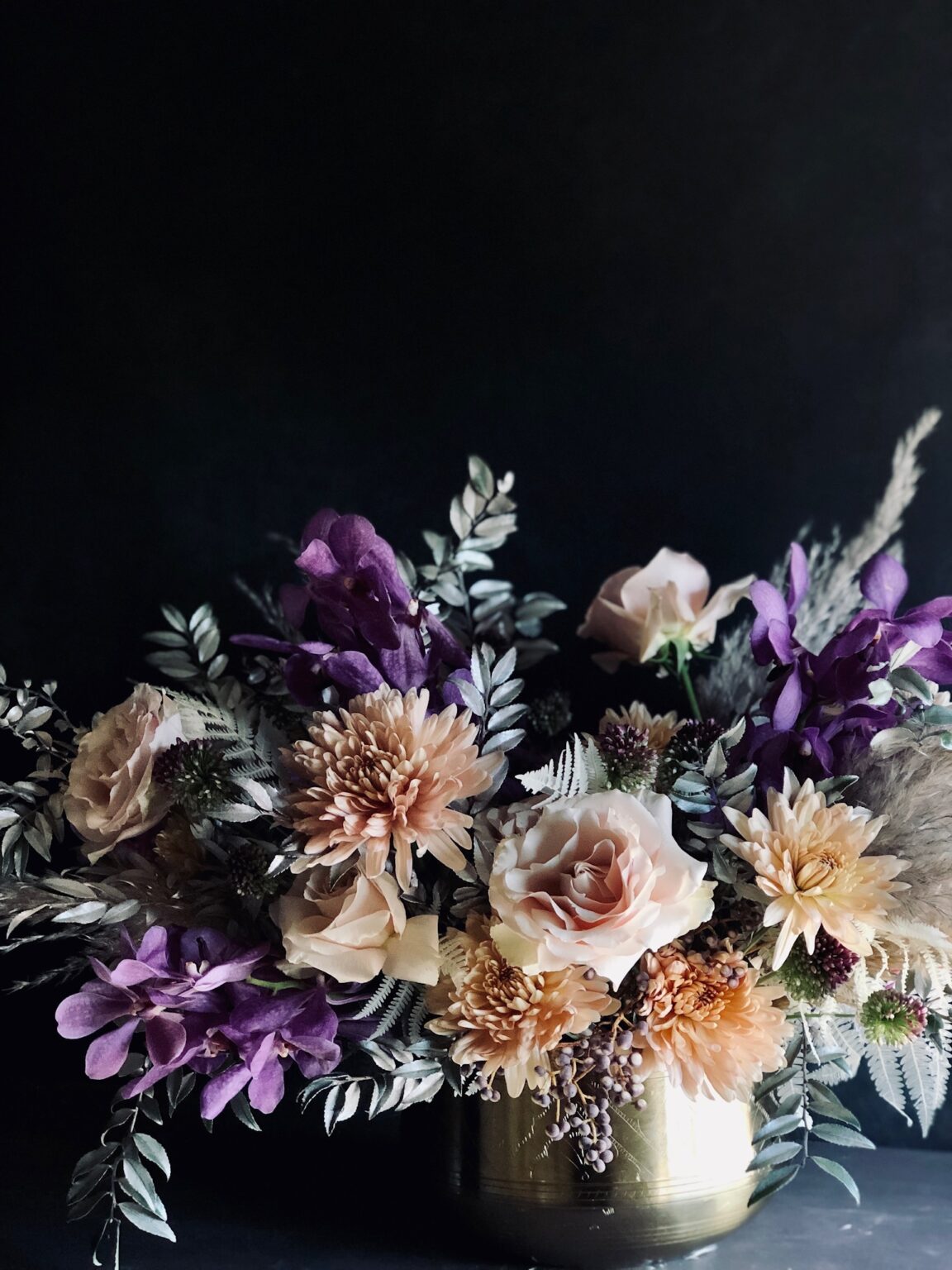 Celestial Floral Arrangement. Celestial shades of blue and purple. Moon-like tones of white and silver.